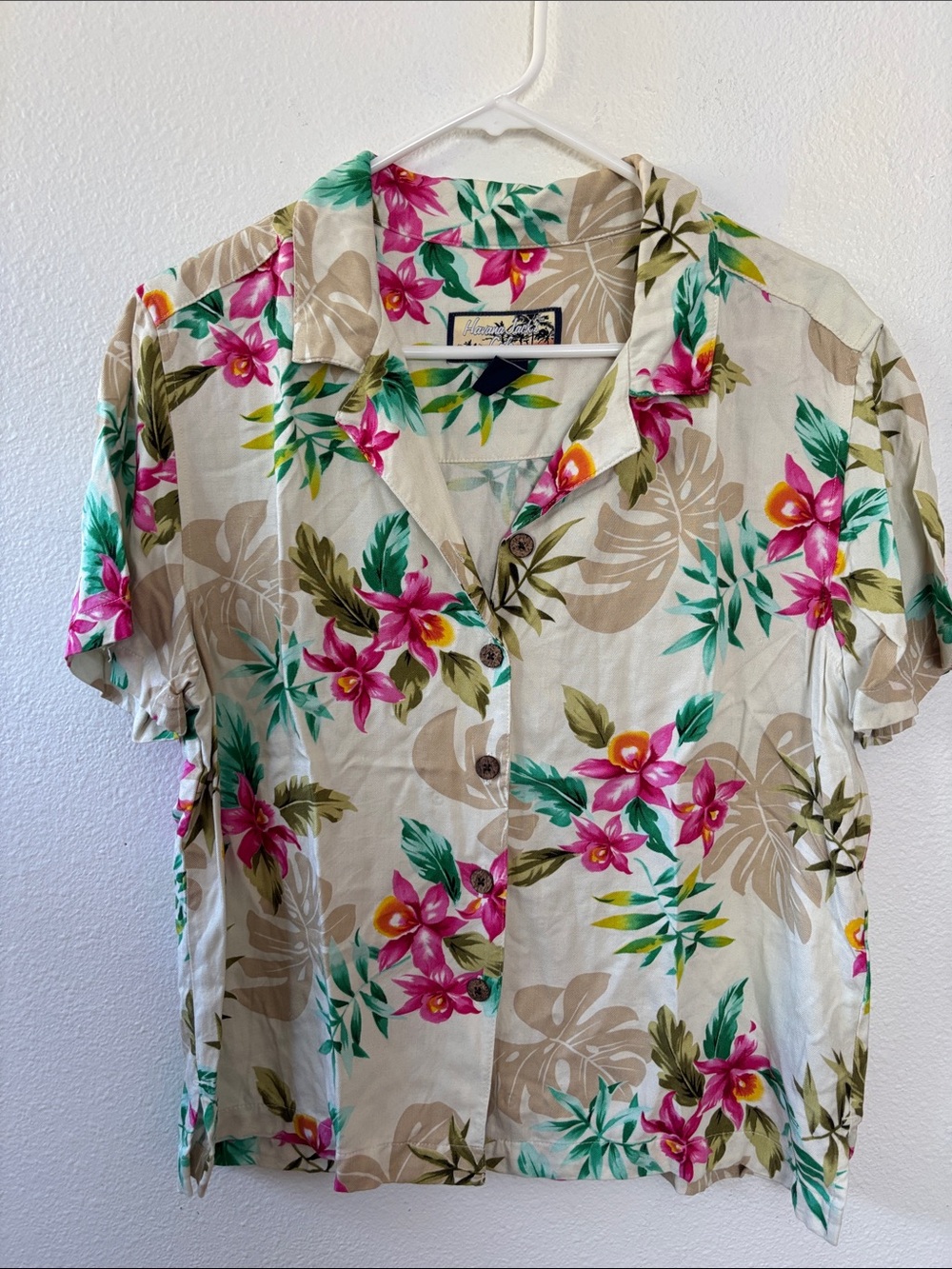 Vintage Cream Floral Button-Down Shirt with Pink & Green Tropical Print
